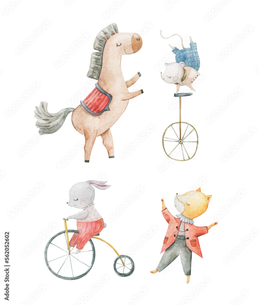 Cute circus cartoon vector illustration, animals set. Illustrations on ...