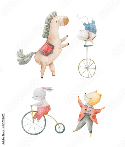 Cute circus cartoon vector illustration, animals set. Illustrations on a posters and banners for a circus shows, animal, characters, magician,  juggling,  and circus motives. Childish illustration
