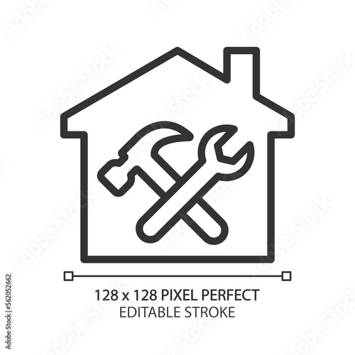 Repair and maintenance pixel perfect linear icon. Building restoration. Renovation service. Hammer and wrench. Thin line illustration. Contour symbol. Vector outline drawing. Editable stroke
