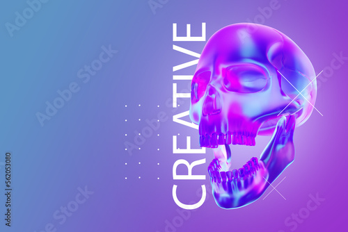 Inscription creative lilac pearlescent glass skull. Copy Space, 3D rendering, 3D illustration.
