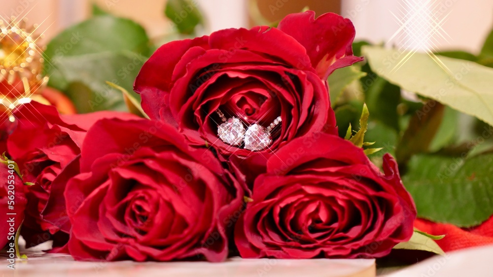Obraz premium Festive Flatlay, composition for Valentine's Day on February 14. red rose flowers and diamond earrings for lovely woman at home 