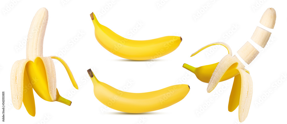 A set of bananas, whole, peeled, chopped. Isolated on white background.