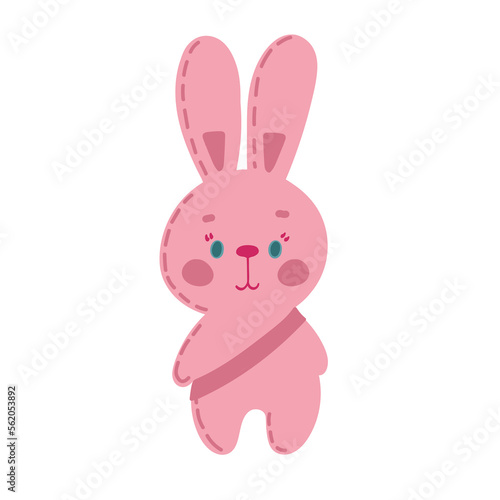 Cute bunny toy. A smiling stuffed rabbit. Vector illustration isolated on a white background.