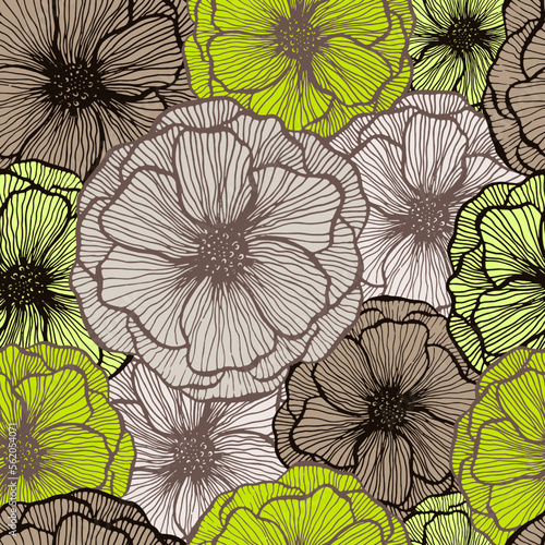 Poppy flower doodle  floral vector seamless pattern summer  fabric print design. Line texture petals