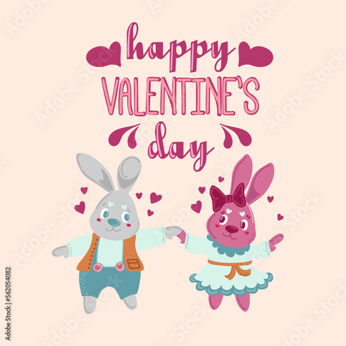 Valentine s Day Love and February 14. Vector cute illustrations. Postcard with cute rabbits. Drawings for a postcard  poster or card.