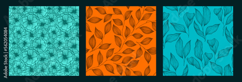 Tree branch leaves and flowers sketch doodle hand drawn vector seamless patte...
