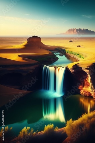 Illustration of a waterfall in a desert area  created with Generative AI technology