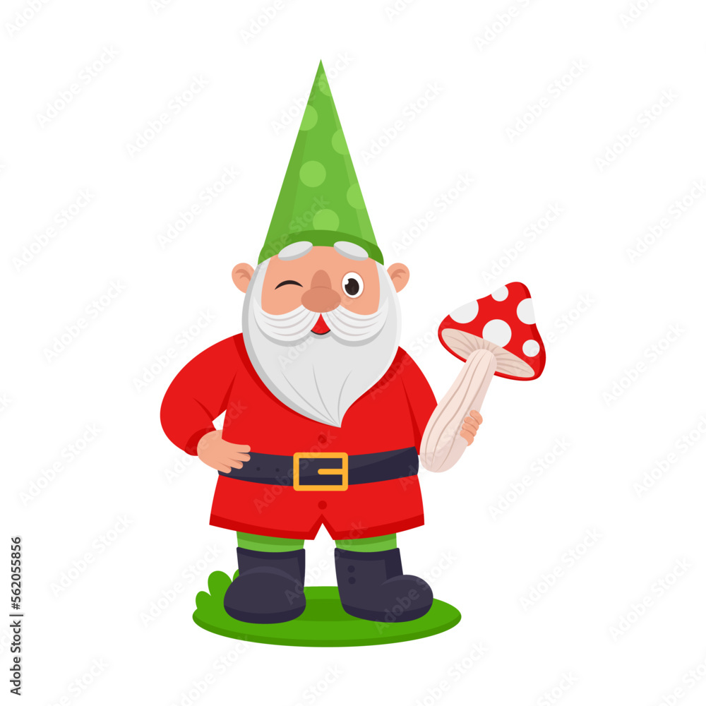Cute garden gnome in green cap with fly agaric in his hand. Vector illustration of funny fairy tale character. Cartoon happy male small dwarf isolated white. Game, fantasy concept Cute garden gnome in green cap with fly agaric in his hand. Vector illustration of funny fairy tale character. Cartoon happy male small dwarf isolated white. Game, fantasy concept