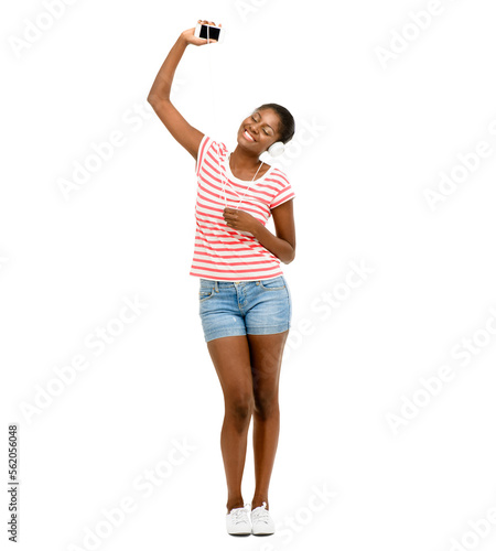 A woman using headphones isolated on a PNG background.