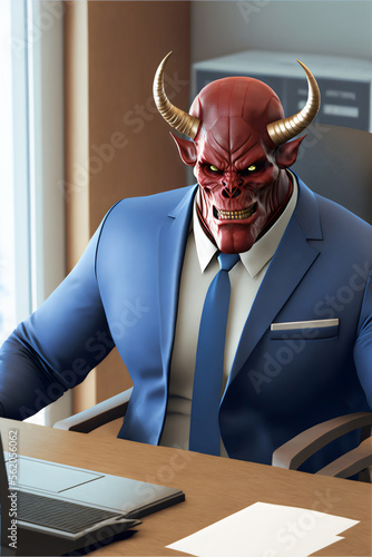 boss is a demon devil wearing a blue suit at the office, generative ai