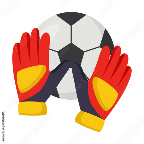 Football or soccer match element vector illustration. Goalkeeper gloves caught the ball isolated on white background. Soccer or football, sports concept