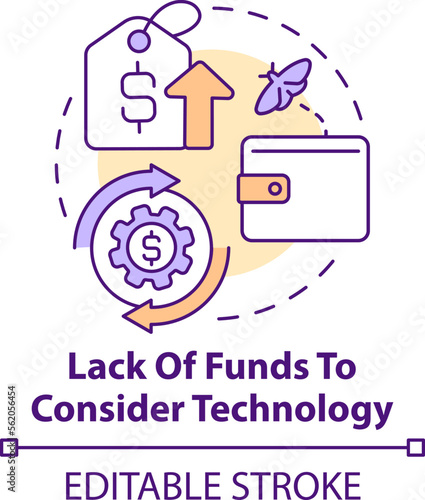 Lack of funds to consider technology concept icon. Corporate treasurers challenge abstract idea thin line illustration. Isolated outline drawing. Editable stroke. Arial, Myriad Pro-Bold fonts used
