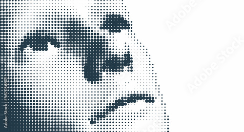 Man looking up. Abstract digital human head. Illustration of an man's face created from small particle. Pixel art. 3D vector design for banner, flyer, poster, cover or brochure.