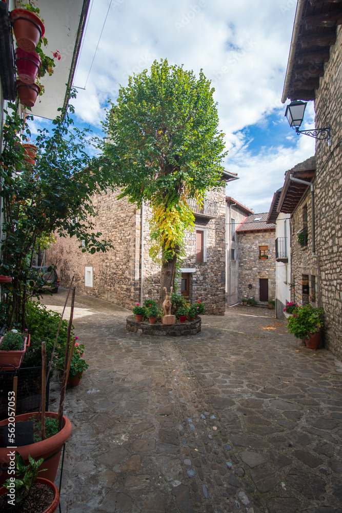 Beautiful village Hecho in the Hecho valley in the pyrenees mountains Huesca Spain Europe.