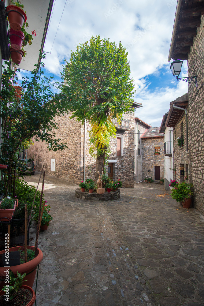 Naklejka premium Beautiful village Hecho in the Hecho valley in the pyrenees mountains Huesca Spain Europe.