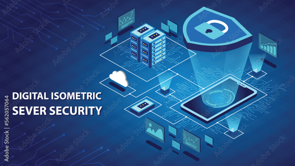 Foto Digital Isometric Server Security and data sever on blue background