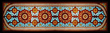 horizontal arabesque pattern with mosaic glass style window, in red and orange back lit colors