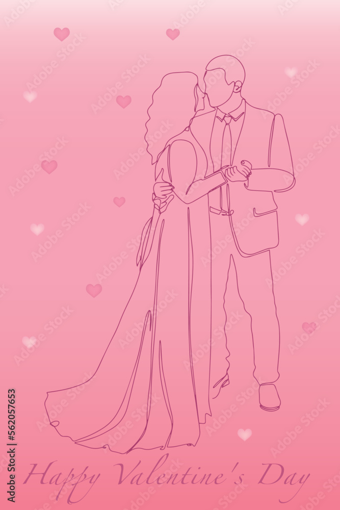 Postcard Happy Valentine's Day. Continuous line drawing of couples who love each other hold hands. Vector illustration Postcard Happy Valentine's Day. Continuous line drawing of couples who love each other hold hands. Vector illustration