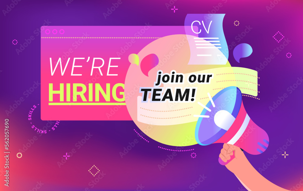 Φωτογραφία We are hiring professionals concept vector illustration of human hand holding a megaphone to invite skilled employee