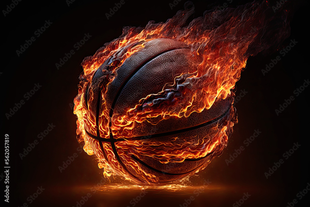 Generative AI of a Glowing Ball Burning on Fire in Orange Flames, Giving off Heat and Smoke for Competitive Basketball: A Visual representation of the Madness and Excitement of the Game