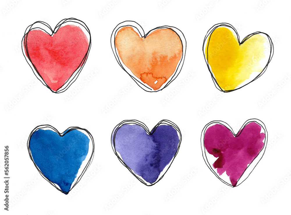 A set of colorful hearts. Watercolor hand drawing of hearts on a white background: blue, purple, red, orange, yellow, red. For the design of postcards, wrapping paper, stationery