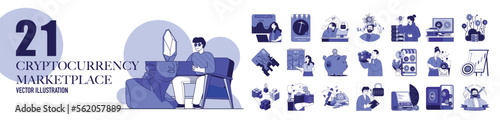 Cryptocurrency marketplace concept with character situations collection. Bundle of scenes people of crypto analysis and trading at exchange and buying NFT art. Vector illustrations in flat web design