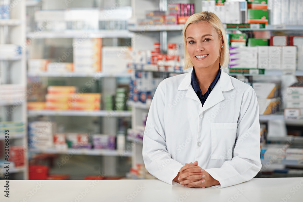 Pharmacy, pharmacist and woman in portrait for medicine, product shelf and retail or healthcare industry. Trust, help desk and medical professional worker smile for inventory, stock and clinic drugs