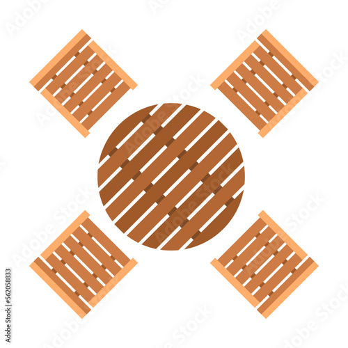 Garden round wooden table with chairs, furniture for outdoor plan. Vector illustration of patio and yard landscape element isolated on white. Architecture, design concept