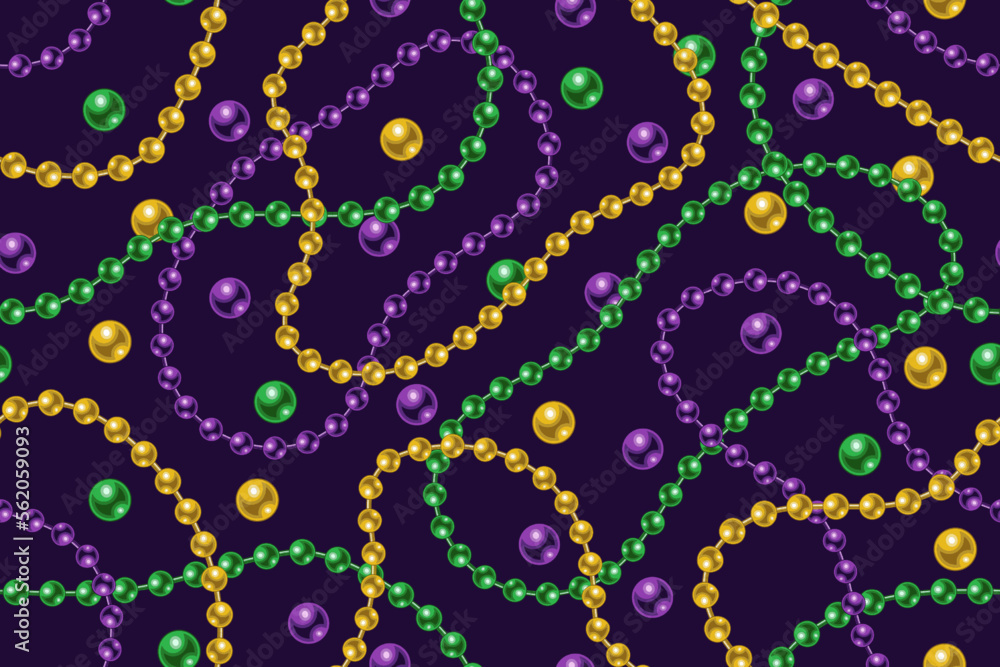 Seamless Mardi Gras pattern with beads, strings beads on dark background. Wavy lines. Vector illustration Seamless Mardi Gras pattern with beads, strings beads on dark background. Wavy lines. Vector illustration