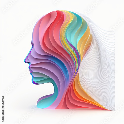 Realistic paper cut layered female human head. Colorful papercut woman silhouette on isolated background for personality or psychology concept.