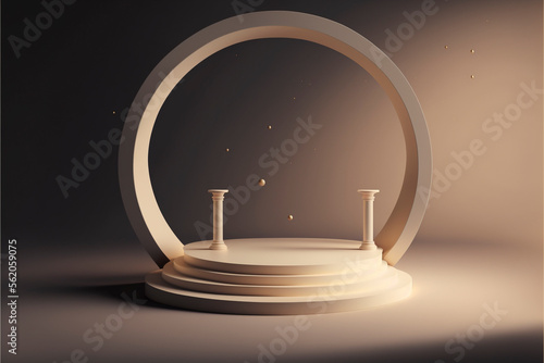 Premium podium, stand on pastel light background. Mock up for exhibitions, presentation of products, therapy, relaxation and health. Created with Generative AI technology.