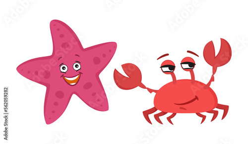 Photography Smiling comic starfish and crab vector illustration