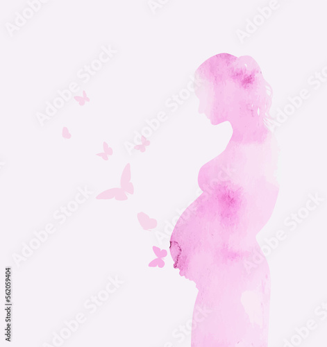 Watercolor pink pregnant woman with butterflies. Happy Mother's Day. Vector illustration