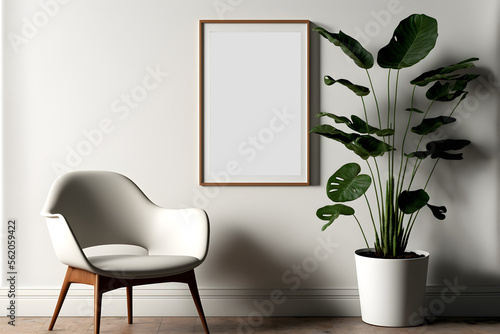 Empty photo frame mockup displayed inside living room, interior design decor with white wall and chair and a plant pot nearby, Interior empty photo frame, blank frame mockup, photo frame indoor 