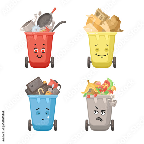 Comic trash cans for different waste vector illustrations set. Cartoon drawing of bin characters for garbage sorting on white background. Recycling, ecology, separation, environment concept