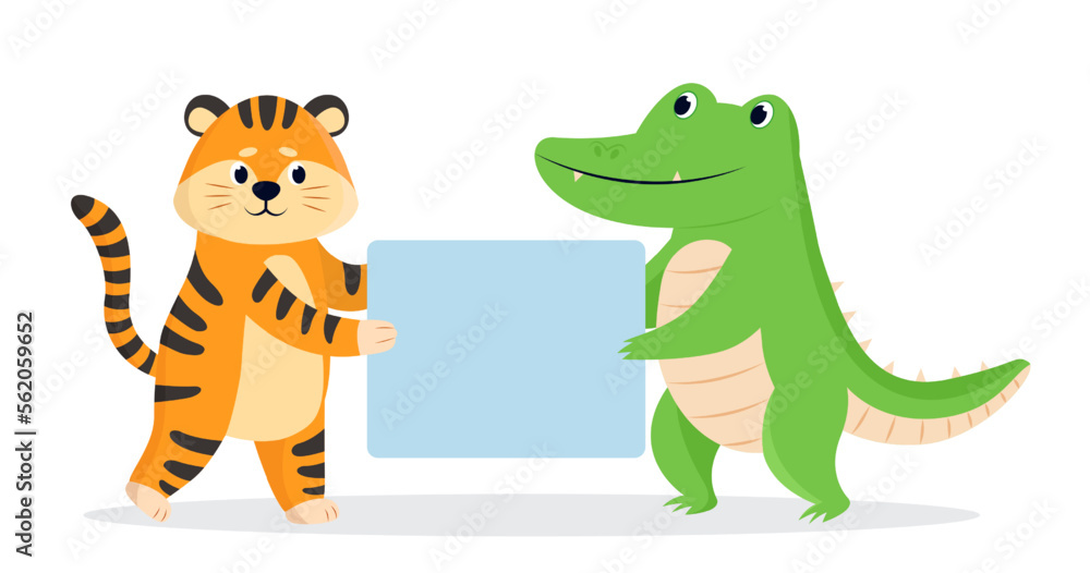 Fotografie Comic tiger and crocodile with blue banner vector illustration