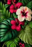 tropical leaves greenery with green leaves and hibiscus flowers