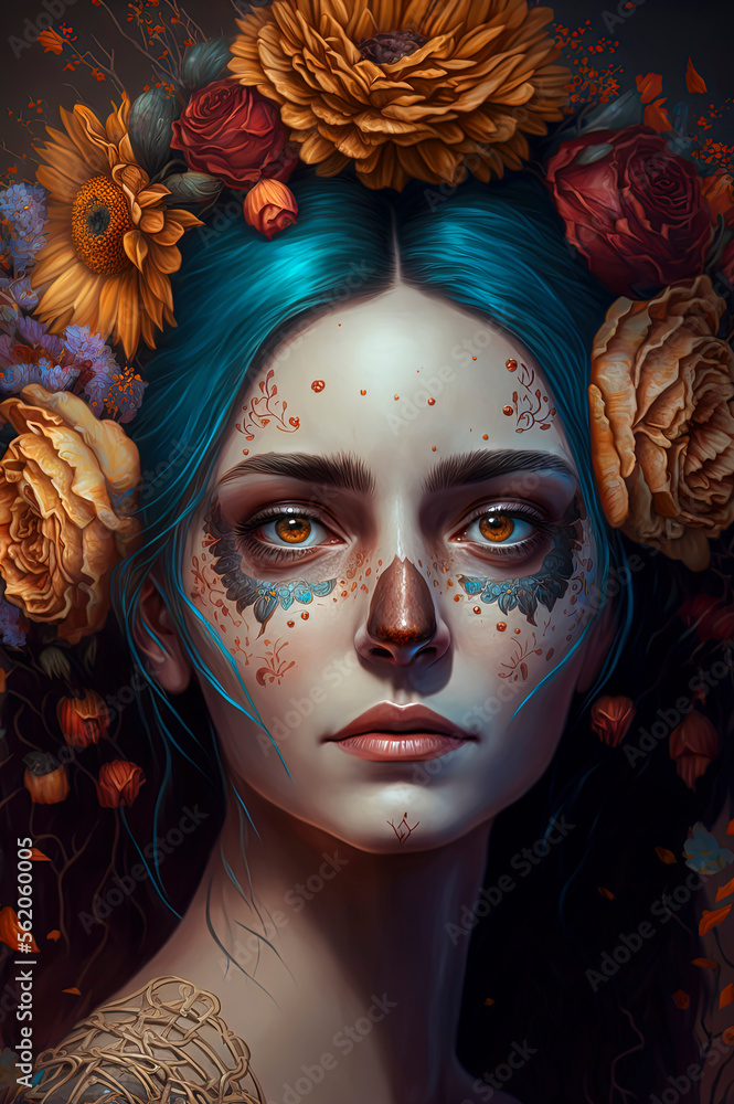 portrait of beautiful girl with day of the dead make up and flowers on her hair