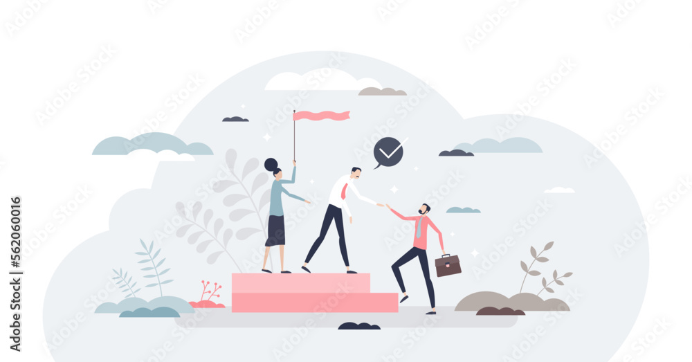 Onboarding colleague as introduction team with new member tiny person concept, transparent background. Employee adaption in work place and rules instruction to join company illustration.