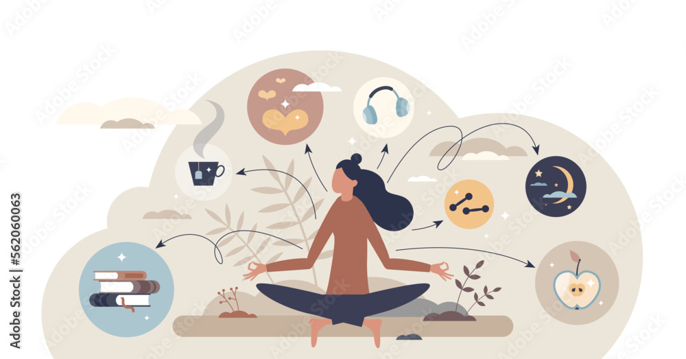 Self care personal health habits combination for wellness tiny person concept, transparent background. Daily lifestyle for happiness and physical or emotional peace illustration. Self care personal health habits combination for wellness tiny person concept, transparent background. Daily lifestyle for happiness and physical or emotional peace illustration.