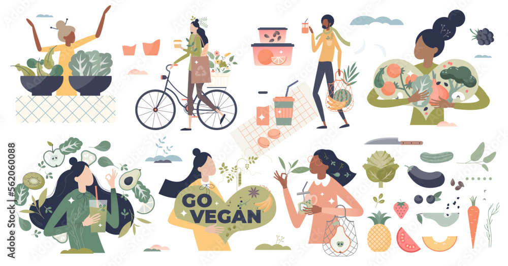 Obraz premium Vegan and natural, green diet eating lifestyle tiny person collection set, transparent background. Avoid meat elements and animal products in your meal.