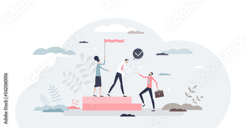 Onboarding colleague as introduction team with new member tiny person concept, transparent background. Employee adaption in work place and rules instruction to join company illustration.