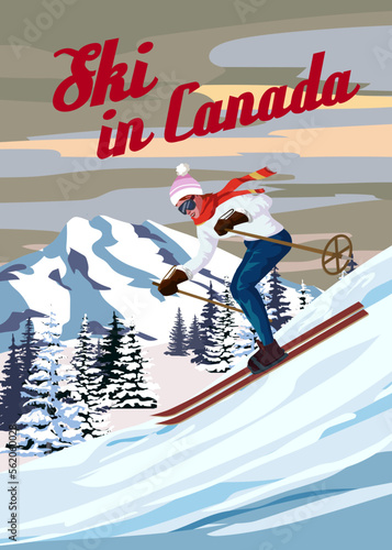 Travel poster Ski in Canada vintage. Canada winter landscape travel card