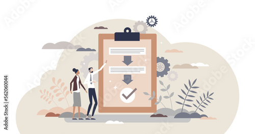 Procedure as work flow process steps scheme document tiny person concept, transparent background. Strategy and task checklist regulation to control quality and content sequence illustration.
