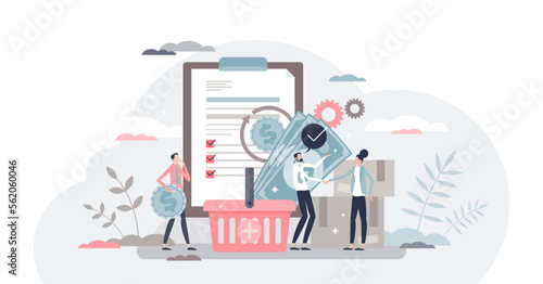 Procurement work as supply chain and order processing tiny person concept, transparent background. Occupation with task to control demand and communication with suppliers illustration.