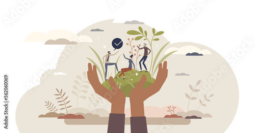 Social responsibility or protection with corporate ethics tiny person concept, transparent background. Business strategy to save earth, respect resources and fair rights for everyone illustration.