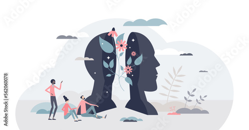 Taking care of mental health, feelings or inner peace and harmony tiny person concept, transparent background. Relaxation or wellness with open mind and balance illustration.