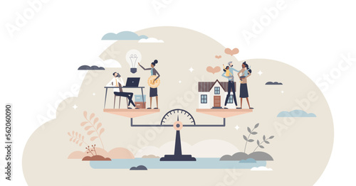 Work life balance as career or family relationship scales tiny person concept, transparent background. Choose time between passion, love vs job, money and professional management illustration.