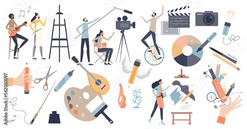 Arts set as professional creative entertainment theme items tiny person concept, transparent background. Isolated elements with painting, cinematography, photography.