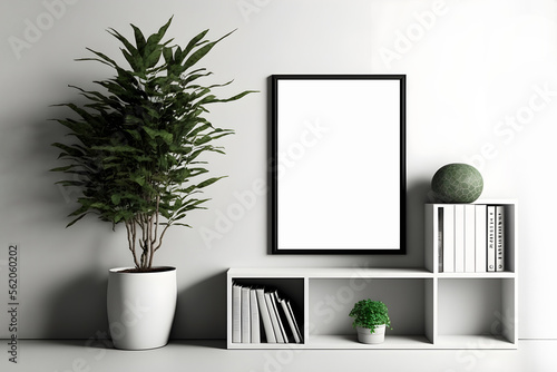 Modern indoor blank picture frame mockup on white wall.  Scandinavian style interior with artwork mock up on wall. empty mock up photo frame with book shelf and indoor plant with pot © Creative optiplex